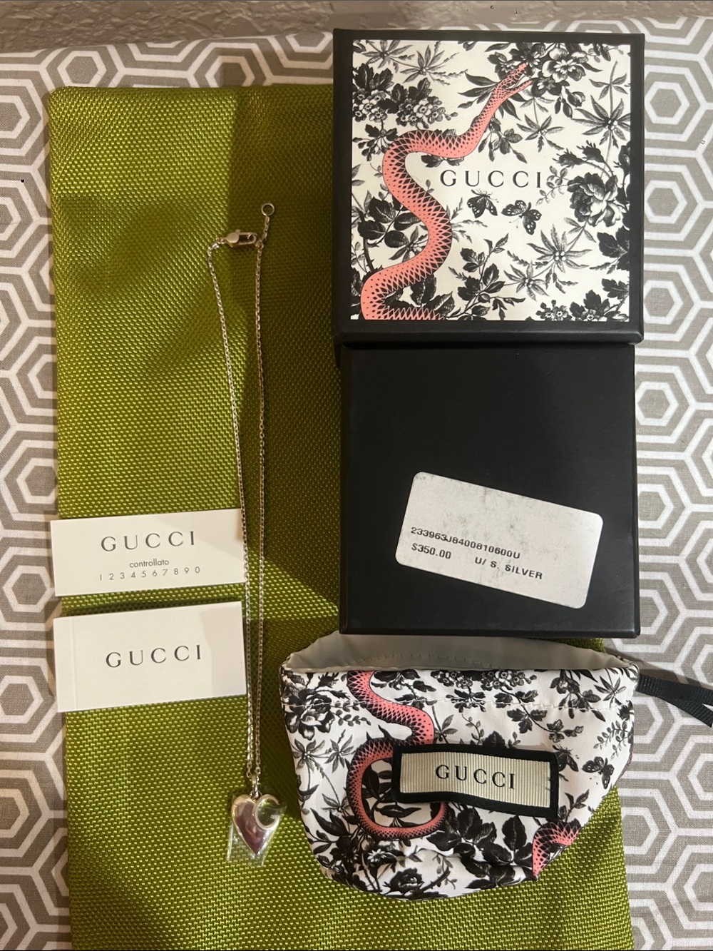 Gucci Silver Necklace with Pink and Silver Heart Pendant
